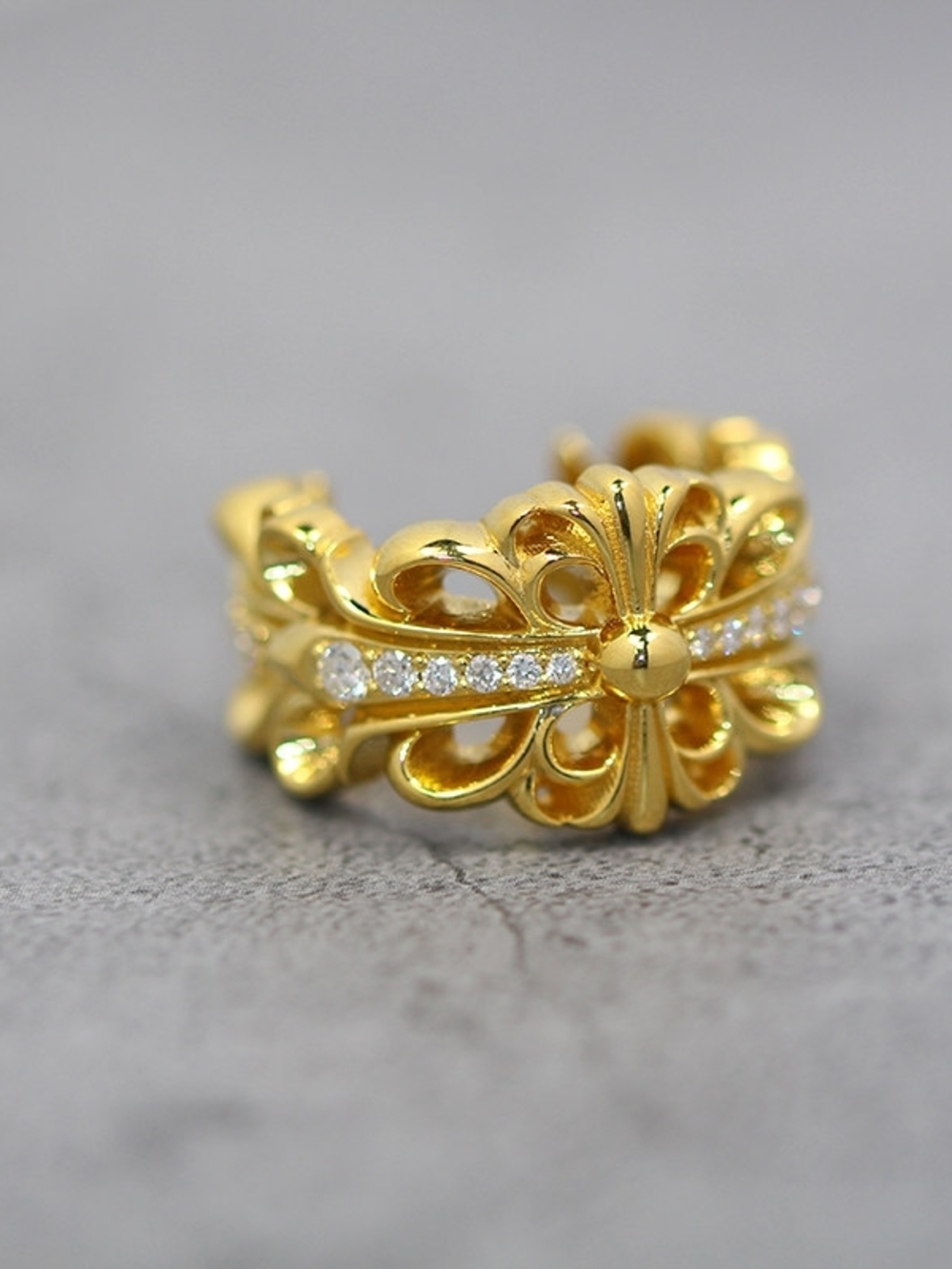 Chrome Hearts Gold-Tone Floral Filigree Ring with Crystal Row - Picture 5 of 7
